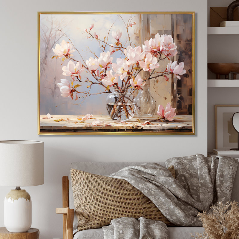 " Pink Beige Magnolias Romantic Impression ", 24" H x 32" W, Cadre flottant doré