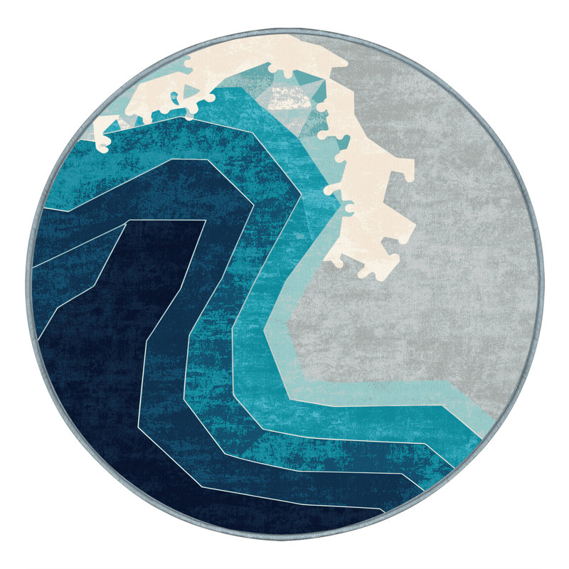 Tapis géométrique bleu et moderne lavable à la machine Roslindale, Rond 7 pi