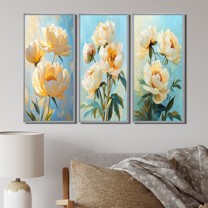 Vintage rétro pivoines ensoleillées I - Collection d'art mural grand pivoines, Impression encadrée flottante, Argent argent