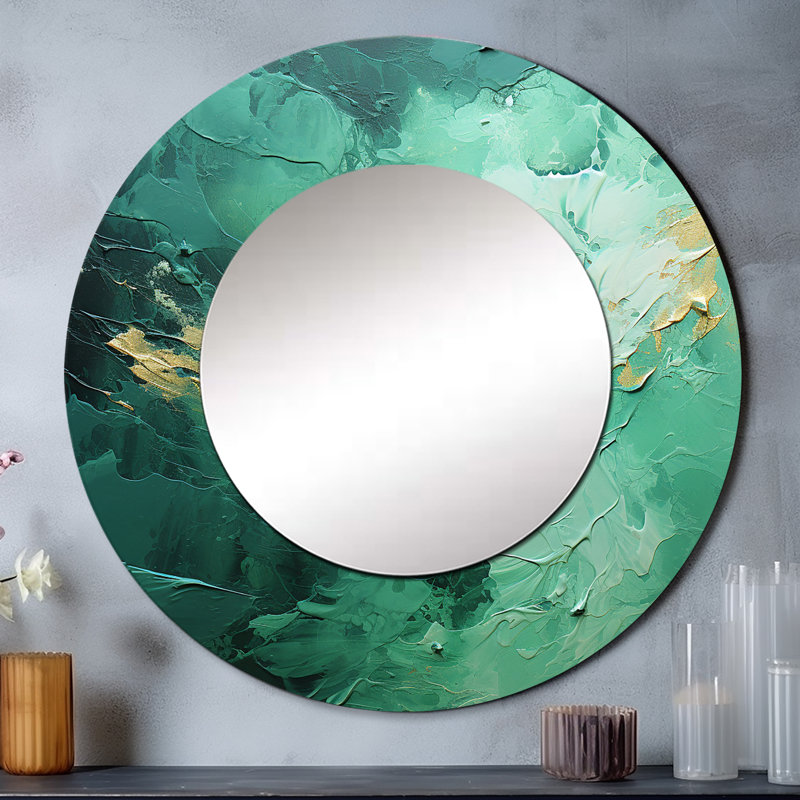 Emerald Euphoria I - miroir de paysage, miroir mural rond vert unique, impression d'art en métal, 36 po x 36 po
