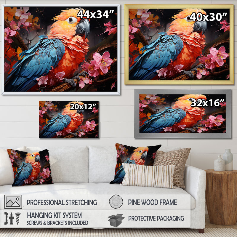 Perroquets Rhapsodie tropicale I, H 16 po x l 32 po x P 1 po, Cadre flottant noir