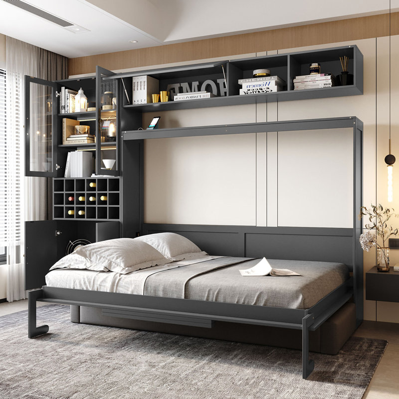 Lit escamotable double pleine grandeur avec canapé, tablettes USB et lumière, gris, Gris, Lit double