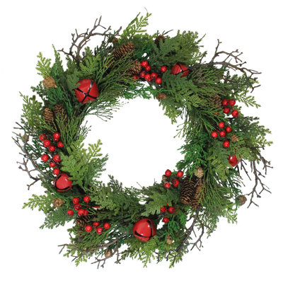 Couronne de Noël artificielle 24 po Red Jingle Bell Berry and Pine Cone