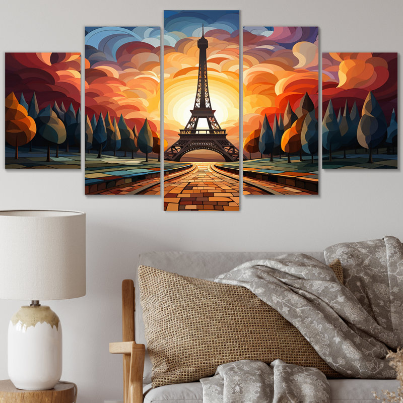 «Majestic Rainbow Sunset Tower Eiffel In Paris IV - City Paris, reproduction sur toile - 5 panneaux