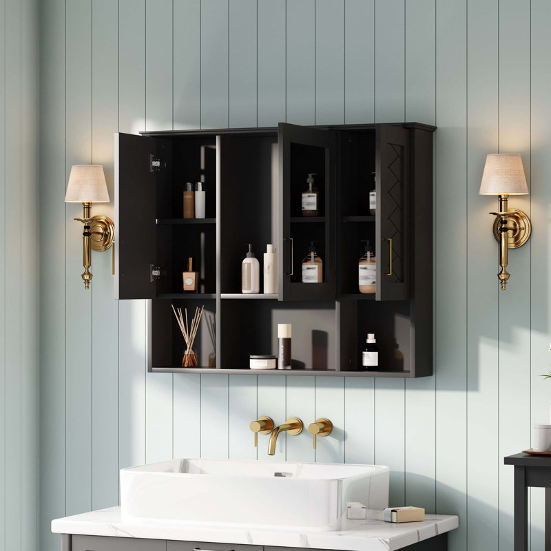 35 Inch 2-In-1 Wall Mount Bathroom Vanity Mirror Cabinet, Adjustable Shelves & Soft Close Door Storage Unit, Black