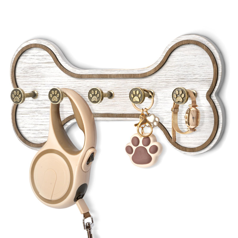 Porte-laisse rustique pour chien - Support mural avec crochets à clés décoratifs en forme d'os pour vestibule - Rangement pour accessoires pour animaux de compagnie (blanc vieilli)