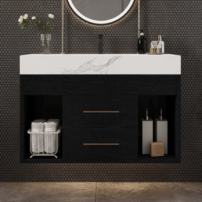 Ensemble de meuble-lavabo flottant 29,9 po avec évier encastré en céramique, Blanc, Noir