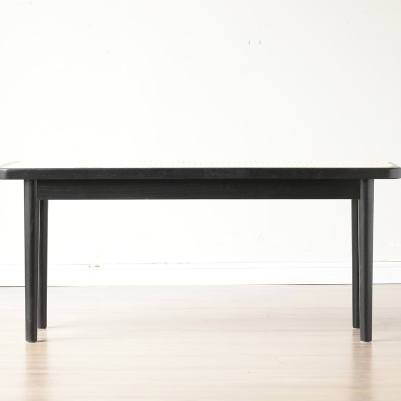 Modern Style Black Color Solid Oak Wood Dining Bench With Rattan Detail, 16.93" H x 47.24" W x 11.02" D