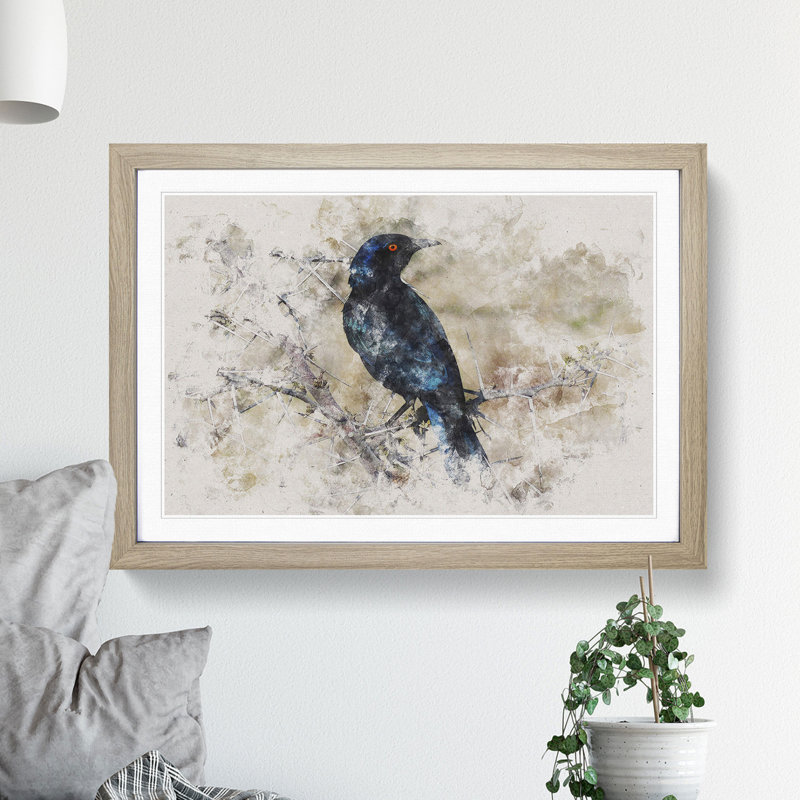 Starling Bird Watercolour - Picture Frame Graphic Art, 48cm H x 65cm W x 2cm D, Oak