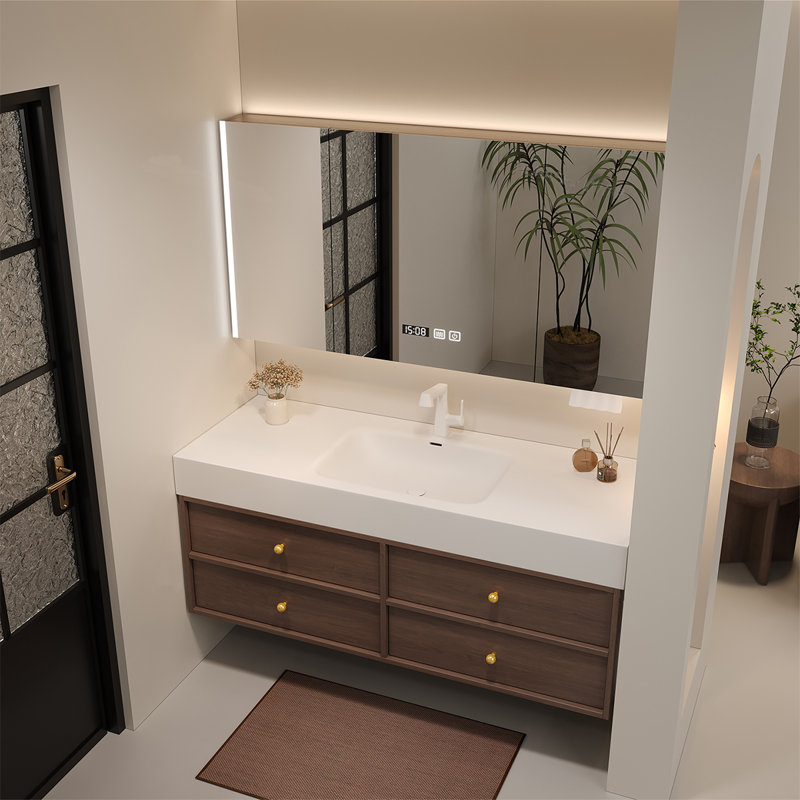 Middle ancient style intelligent bathroom cabinet, H 21,65 po x l 47,24 po x P 21,65 po, Noyer
