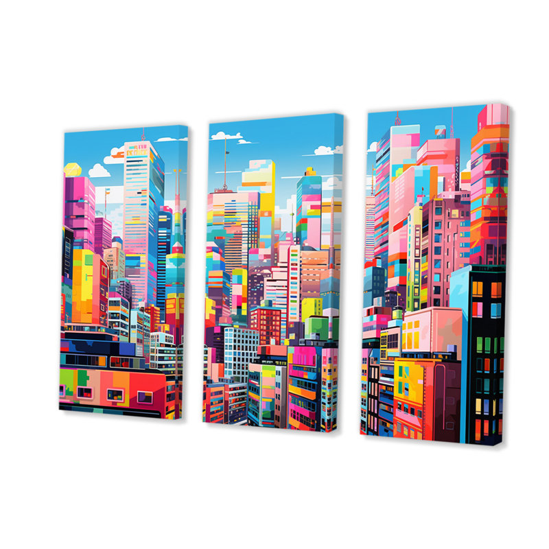 «Colorful City», impression sur toile 3 pièces Popart III, H 40 po x l 60 po x P 1 po