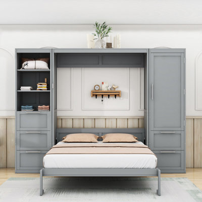 Grand lit escamotable en bois avec tablettes de rangement, tiroirs et garde-robe