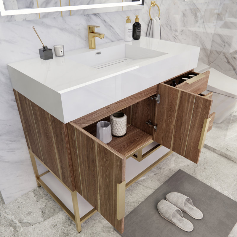 Glasgow 41.75'' Single Bathroom Vanity with Acrylic Top, Dark White/Oak