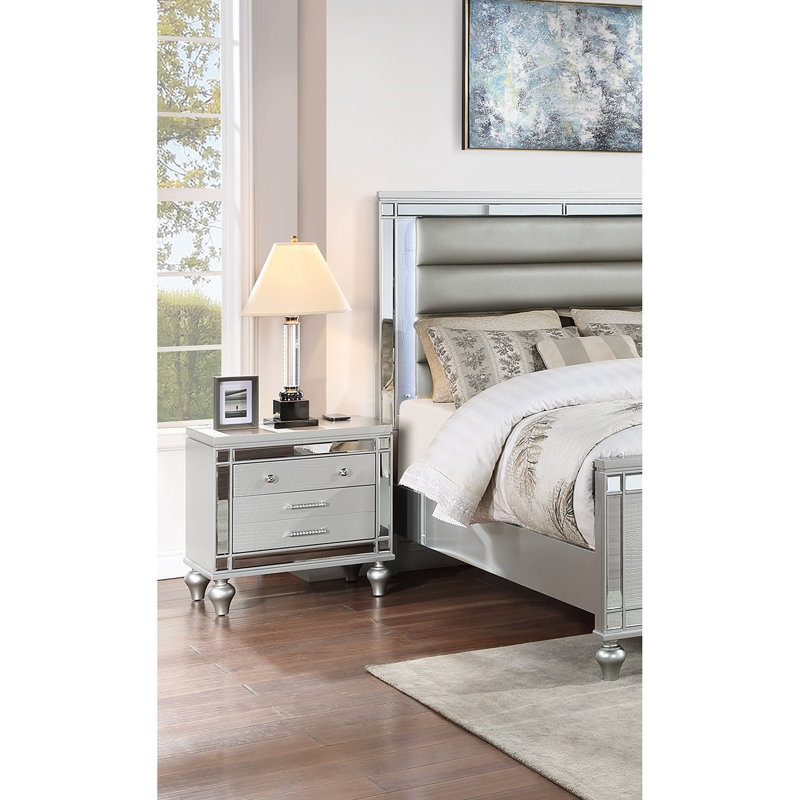 Table de chevet Aleinah avec charge sans fil, 2 tiroirs et miroir élégant
