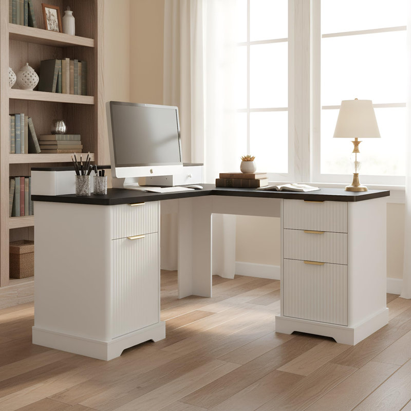 Bureau de direction 59 "en L cannelé, bureaux d'angle pour ordinateur avec prises de courant, Noir / blanc