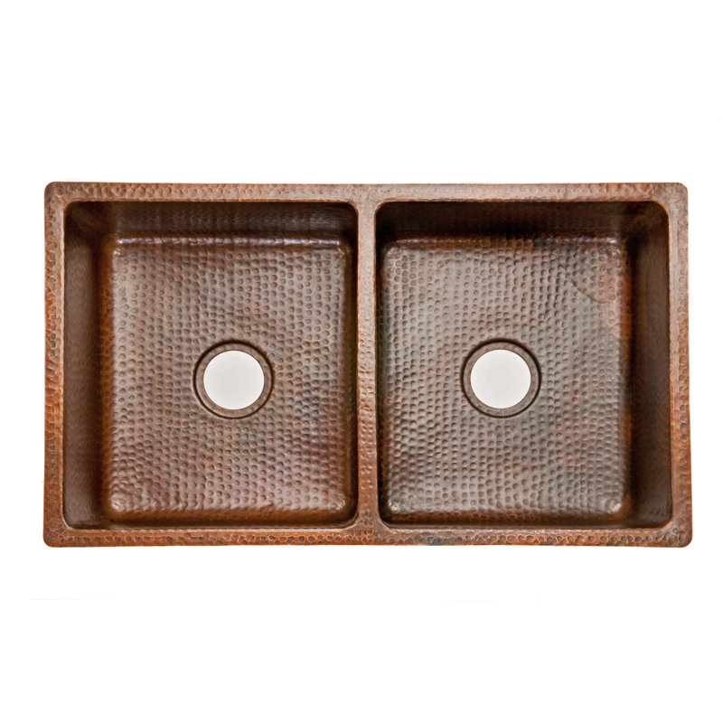33" Hammered Copper 50/50 Double Basin Kitchen Sink