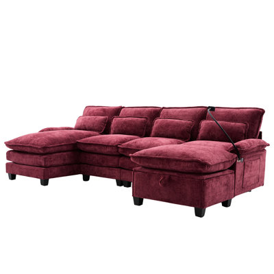 4 Seat Chenille U-Shaped For Living Room, 106" U Shape Sectional Cloud Couch With , Soft Fabric, Solid Wood Structure, +Type-C Ports, Phone Holder, Spacious Storage Footstool Primary Space, Frame,