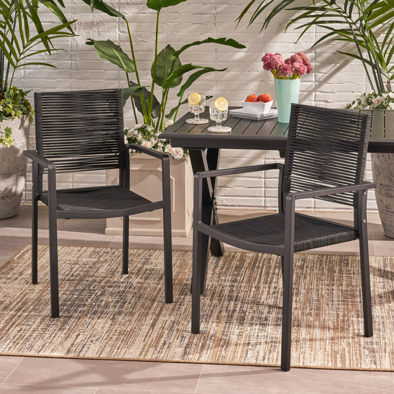 Outdoor Modern Aluminum Dining Chair With Rope Seat (Set Of 2), Black