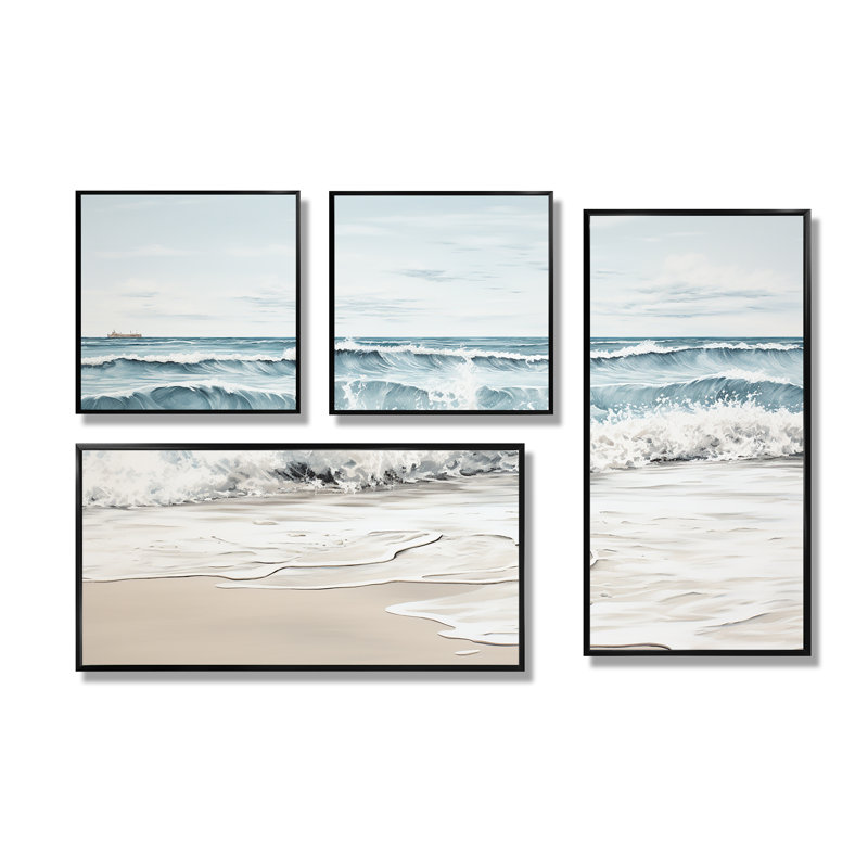 Plage, paysage minimaliste III - décor mural côtier 4 pièces, Noir, Impression encadrée sans passe-partout