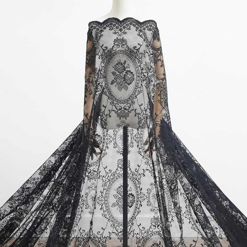 LEA 288 Inches Sheer Black Lace Window Scarf for Vintage Decor, Black, 54" W x 288" L