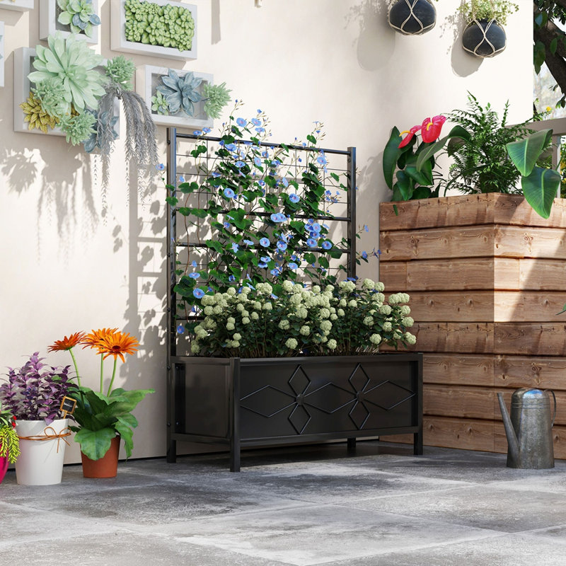 Outsunny Galvanized Raised Garden Bed with Trellis for Climbing Vines Vegetables Flowers, Outdoor Planter Box, 35.4" x 15.7" x 47.2"