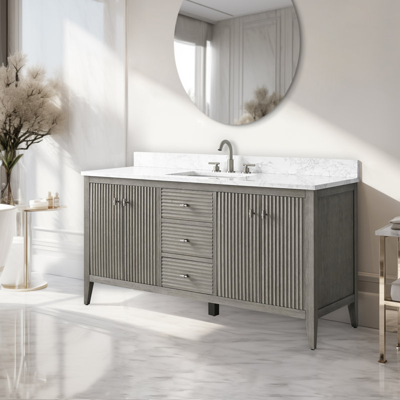 Ensemble de meuble-lavabo autoportant avec lavabo en marbre 60 po Lavallon, Gris flottant linéaire, Nickel brossé