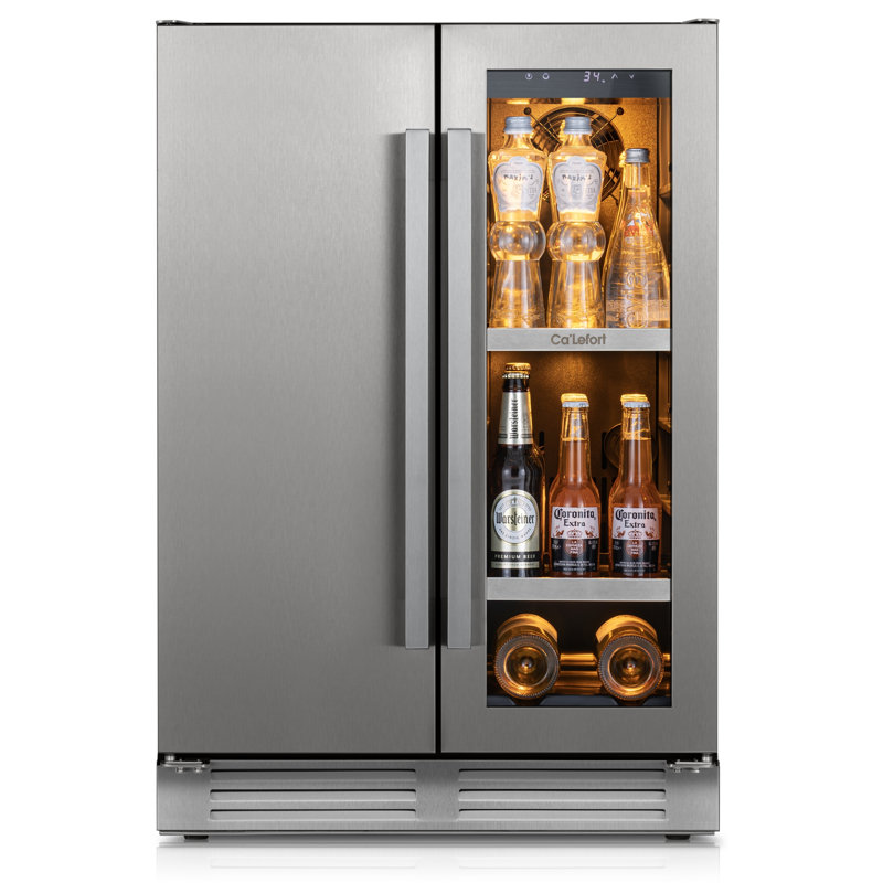 23.4" W 3-in-1 Built-In or Freestanding Sphere Ice Maker with Beverage Cooler and Freezer Compartment, Automatic Water Supply, Frost-Free Cooling for Home Bars and Kitchens