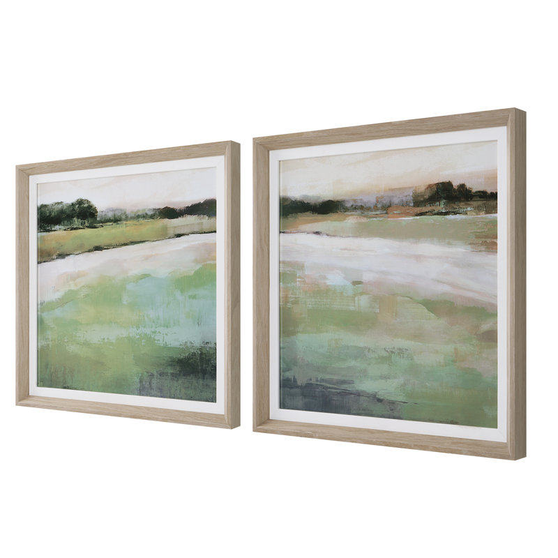 Vivid Vista 28" Green Landscape Prints with Pine Frame - Set of 2