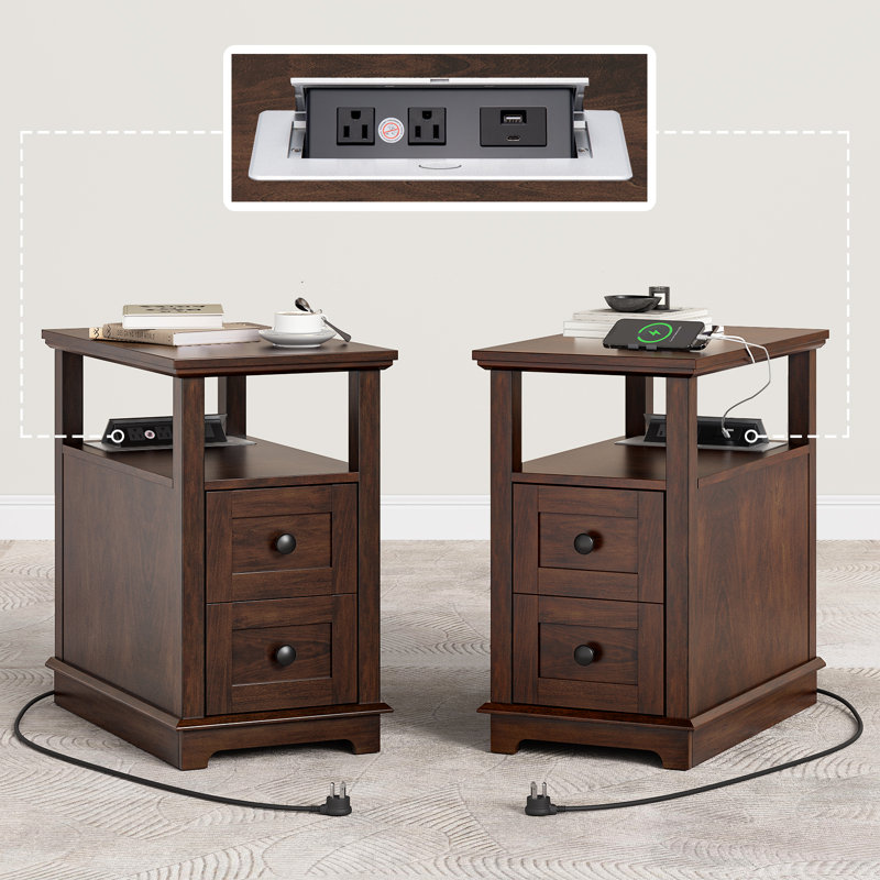 2 Drawers Bedroom Nightstands with Storage and Fast Charging Station, Cherry, Set of 2