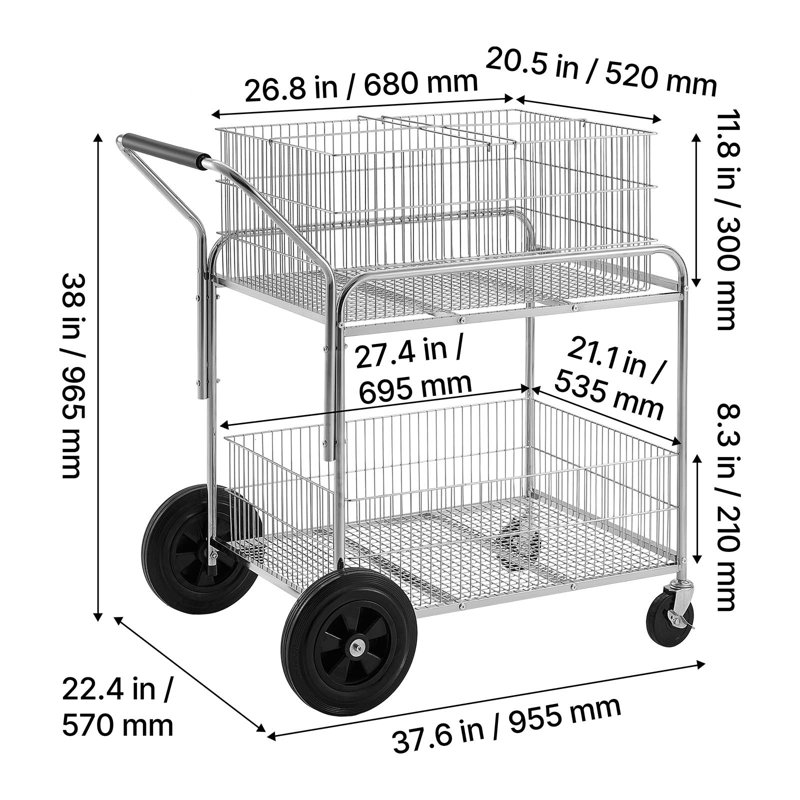 Chariot à dossiers roulant à 2 niveaux avec roulettes verrouillables, supportant une charge de 120 kg (264,55 lb), dimensions : 95,5 x 57 x 96,5 cm (37,6 x 22,4 x 38 po), chariot utilitaire robuste pour le rangement de dossiers.
