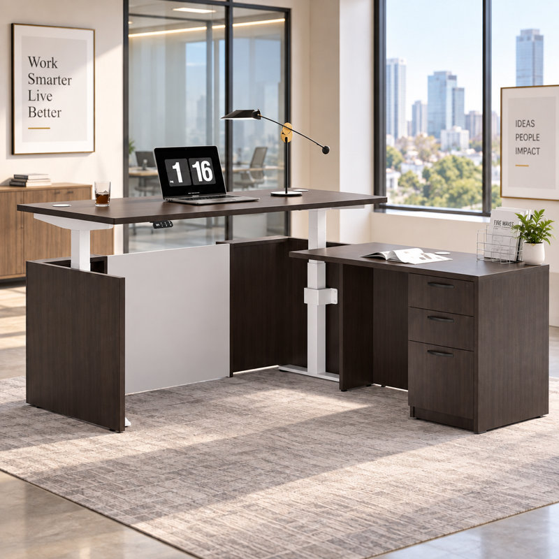 Nishad L-Shaped Adjustable Height Executive Standing Desk With 3 Drawer Pedestal, Khalba Oak, L-Shape with 3 Drawers