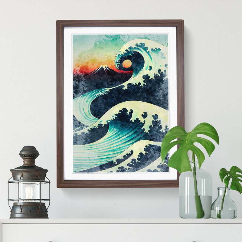 Japanese Wave No.1 - Single Picture Frame Print, 34cm H x 25cm W x 2cm D, Walnut