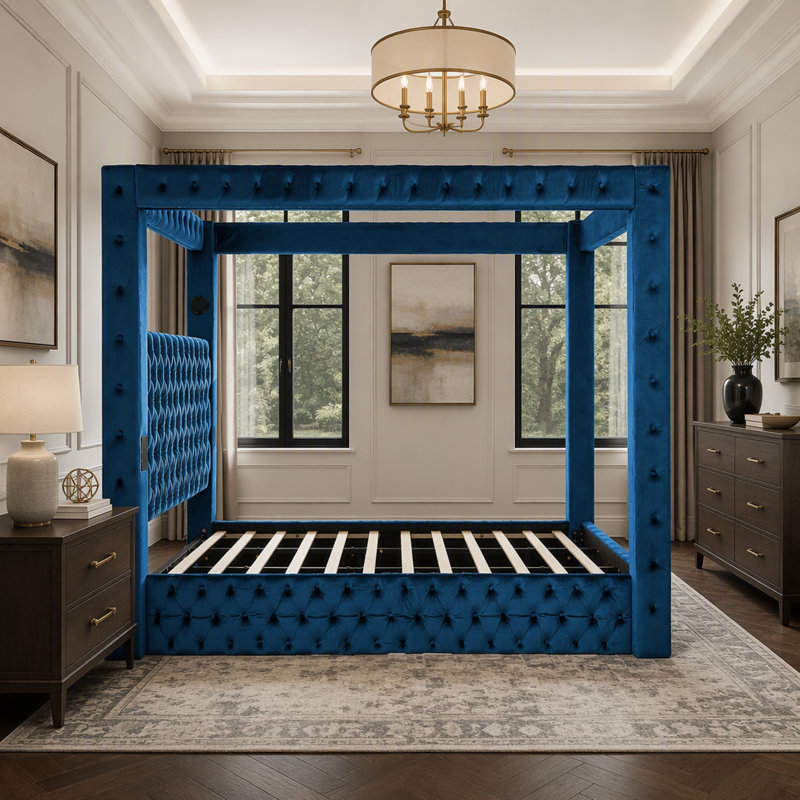 Grand lit à baldaquin en velours avec haut-parleurs Bluetooth et ports USB, Blue