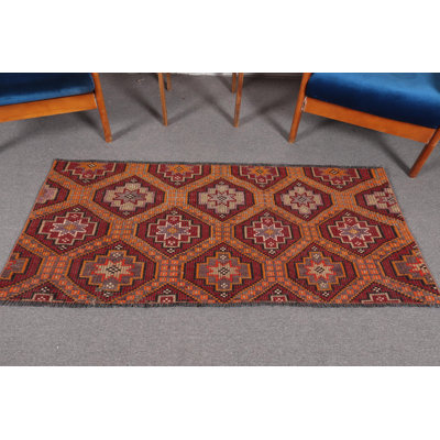 Vintage Turkish Kilim Small Red Rug with Fringe - Antique Oushak Embroidered Entry Bath Mat