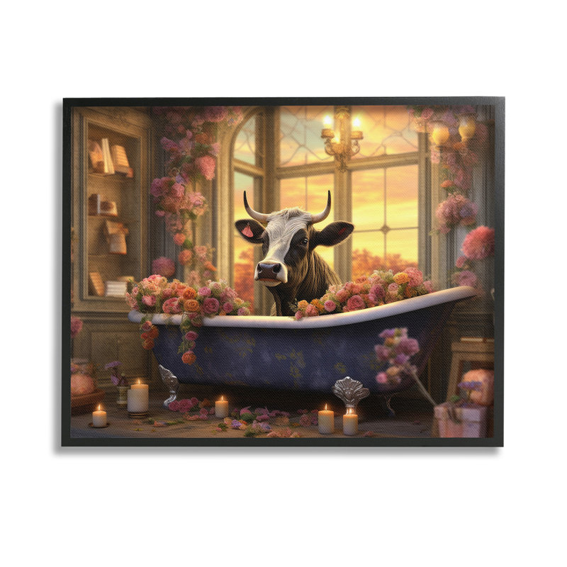 «Bathing Cow at Sunset», estampe numérique de Lazar Studio, H 11 po x l 14 po, Giclée encadrée noir minuit