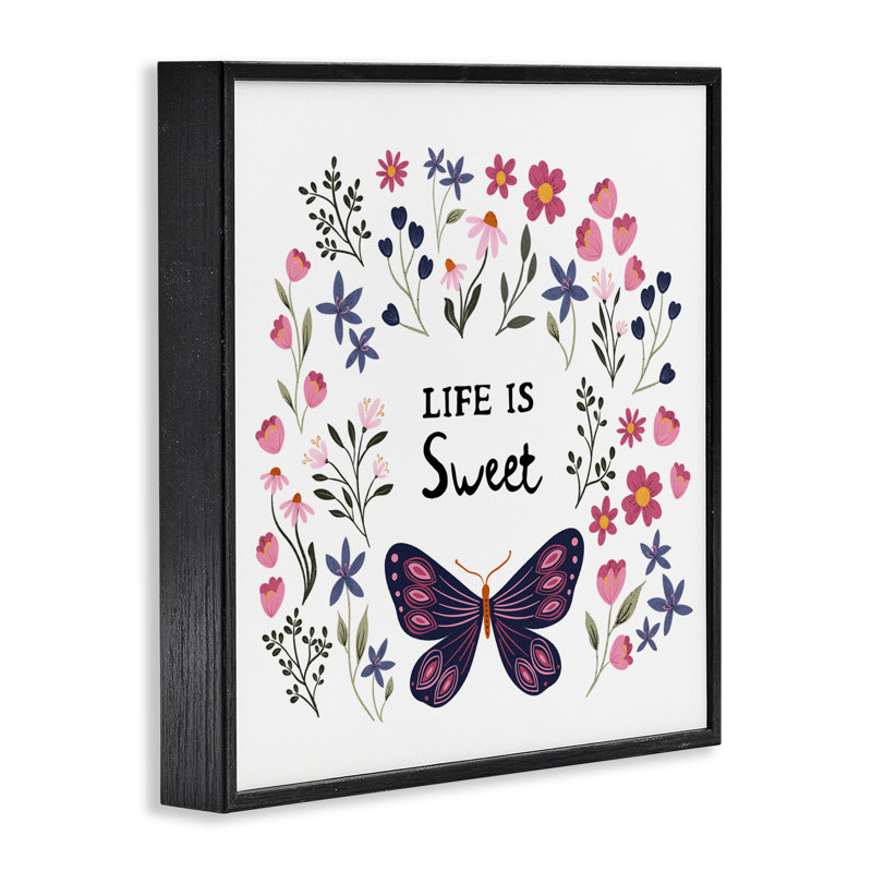 «Life Is Sweet Floral Butterfly», estampe numérique, conception par JJ Design House LLC, Giclée encadrée noir minuit