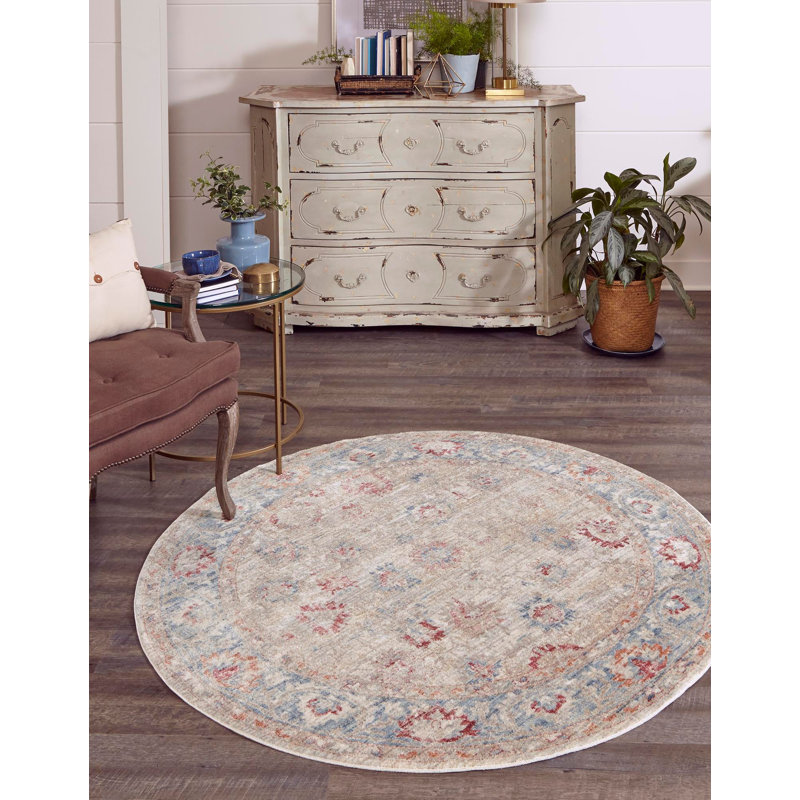 Tapis traditionnel ivoire / rouge / bleu Kylee, Rond 5 pi 1 po
