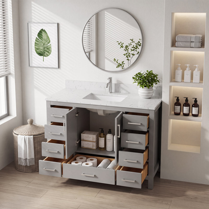 Meuble-lavabo multifonctionnel 48 po avec 2 portes, 9 tiroirs et trou de robinet pré-percé 48 po
