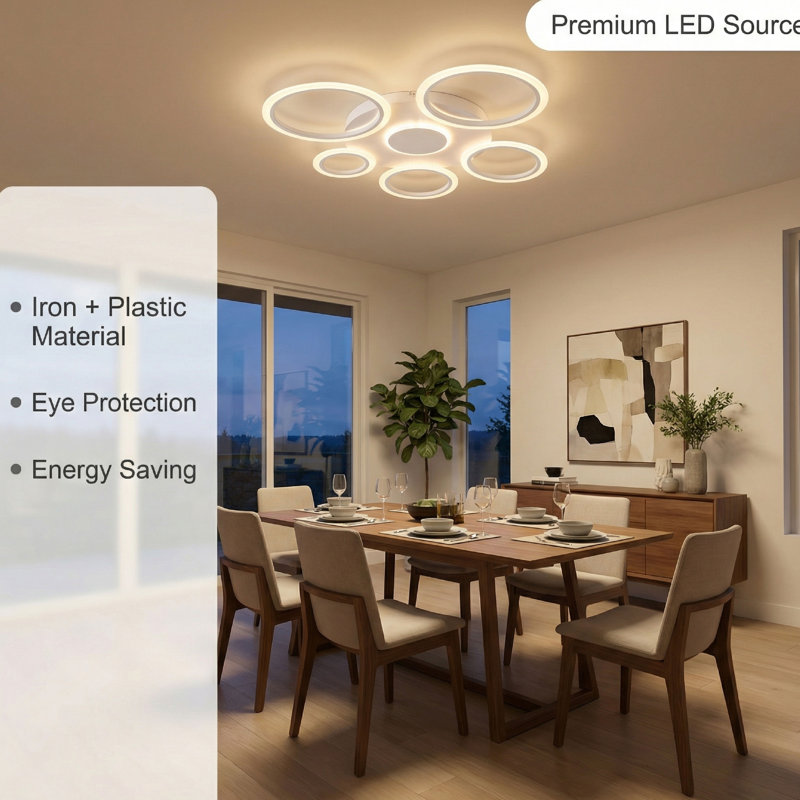 34"Modern 5 Ring LED Chandelier, Flush Mount Ring Ceiling Light with Remote, Dimmable Contemporary Ceiling Lighting Fixture for Living Room Bedroom