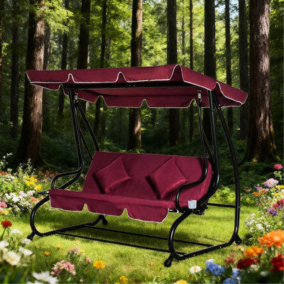 Balancelle rouge 3 places avec auvent, coussins et oreillers amovibles, idéale pour la piscine et le jardin. Se transforme en lit d'extérieur. Structure robuste en acier, cadre à haute résistance.