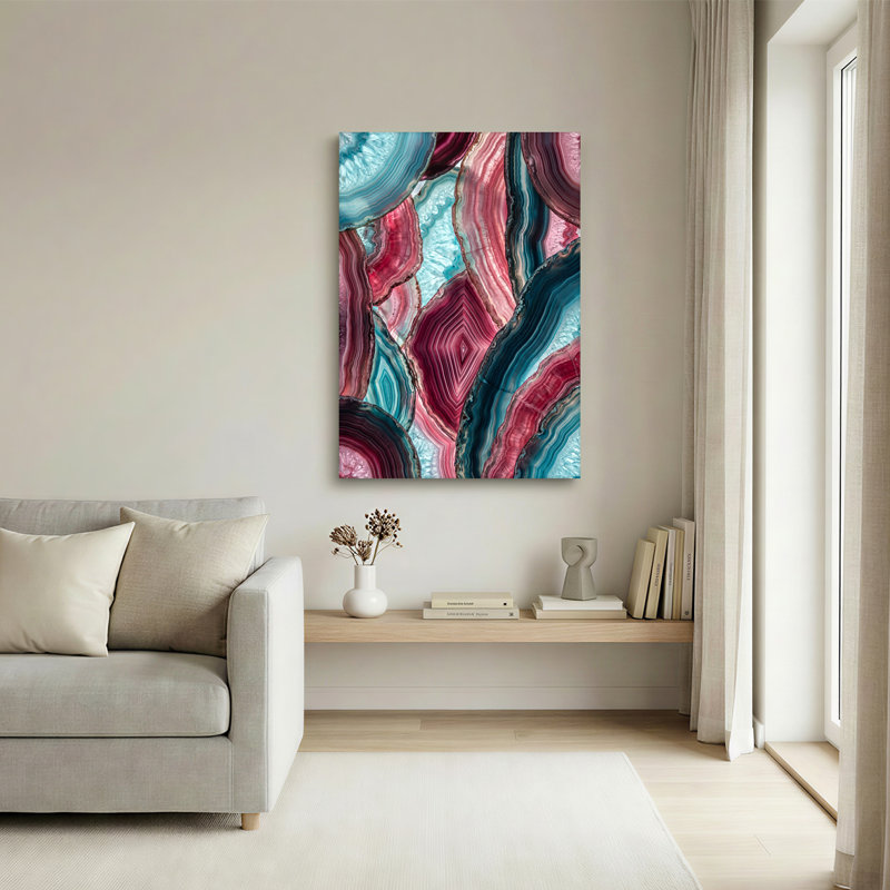 «Pink and Teal Agate Slice Layers», art mural, H 18 po x l 12 po
