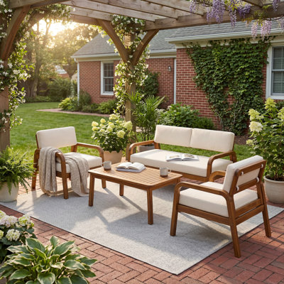Ensemble de canapé d'extérieur 4 pièces avec coussins et table basse, teck