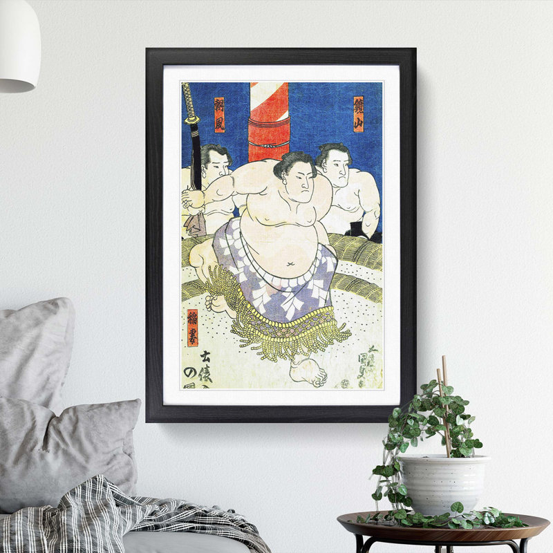 Three Sumo Wrestlers by Utagawa Kunisada - Picture Frame Painting Print, Black Framed, 36cm H x 27cm W x 2cm D