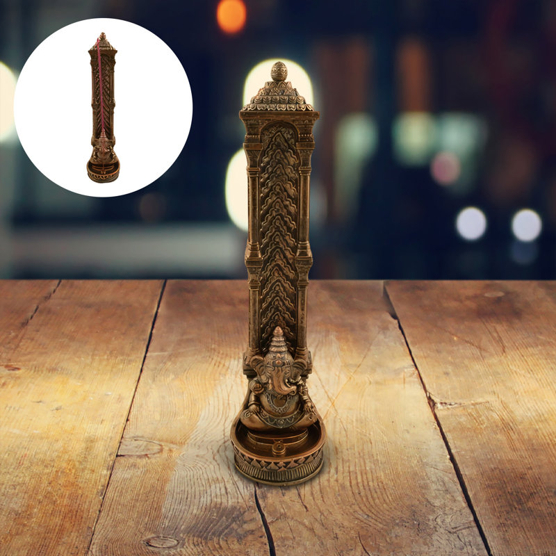 10.5"H Brown Ganesh Incense Burner with Hindu Temple