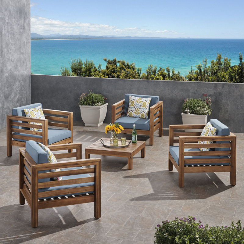 Maher Acacia Wood Patio Conversation Set with Cushions, Teak Frame / Blue Cushion
