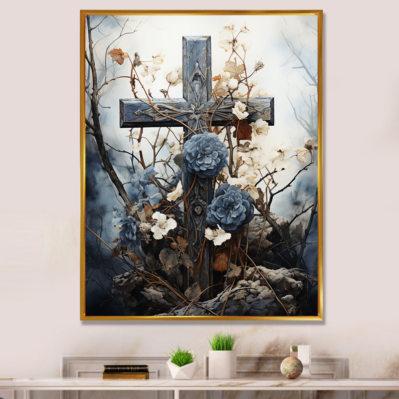 Croix religieuse sacrée, consolation II, H 44 po x l 34 po x P 1,5 po, Cadre flottant doré