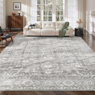 Tapis lavable neutre résistant aux taches pour salon, tapis floral rétro (beige)