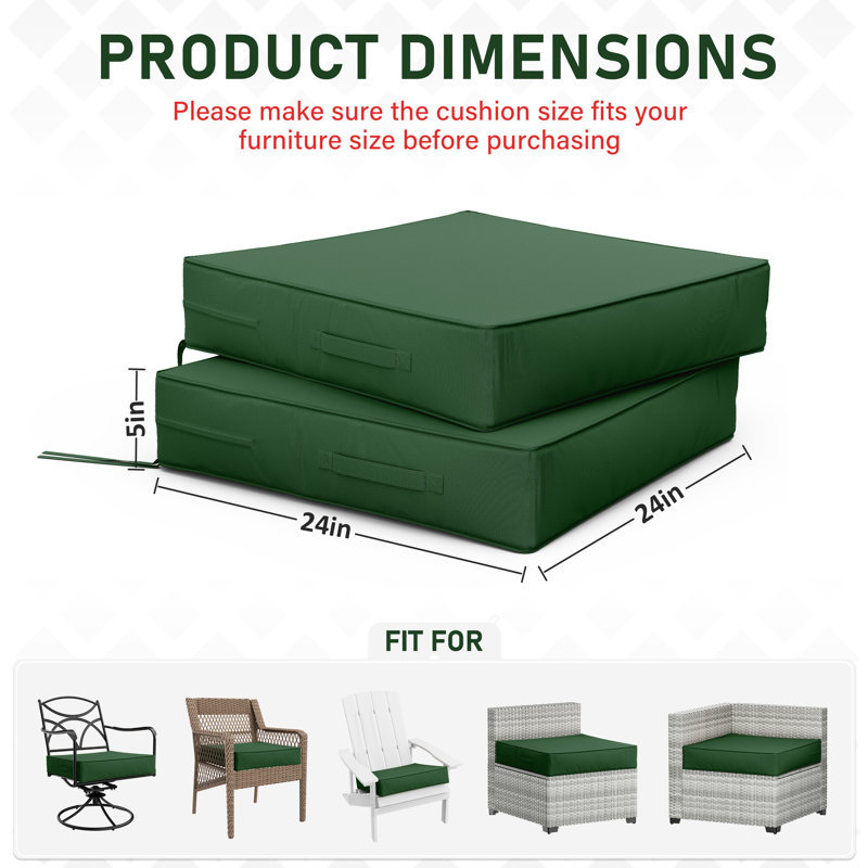 Coussins de siège d'extérieur (ensemble de 2), Vert, L 24 po x P 24 po, 5 pouces
