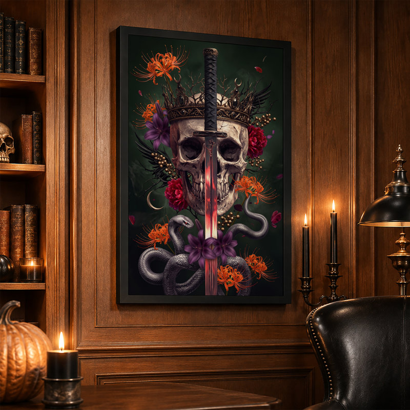 Impression sur toile, tête de mort couronnée avec une épée rougeoyante et des serpents parmi Halloween, H 24 po x l 16 po