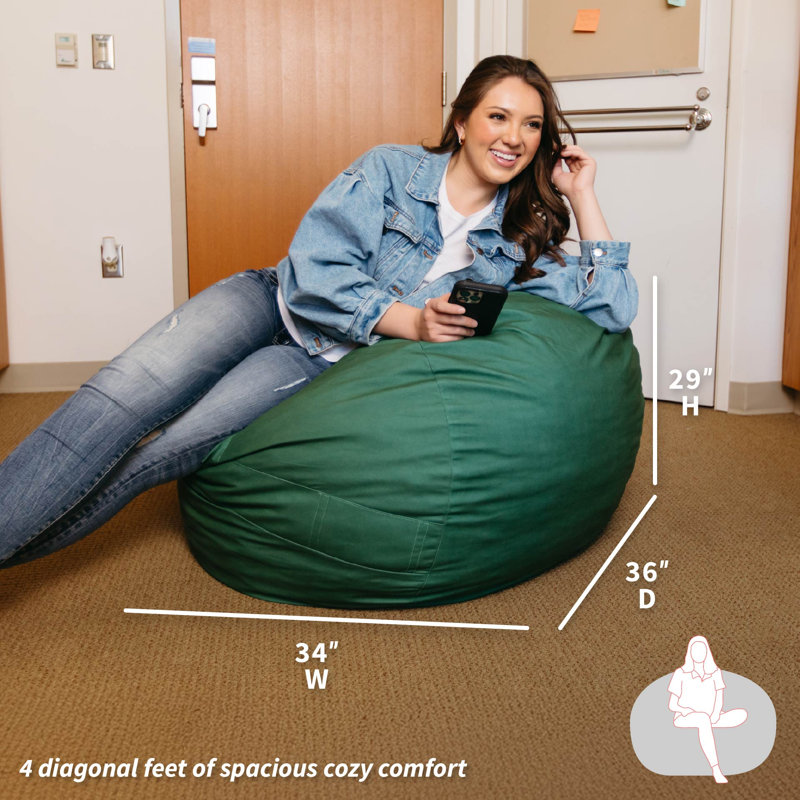 Big Joe Fuf Foam Bean Bag Chair with Removable Cover for Kids, Teens, Collegiate Green Velveteen, Durable Woven Polyester, Large Reading and Gaming Seat
